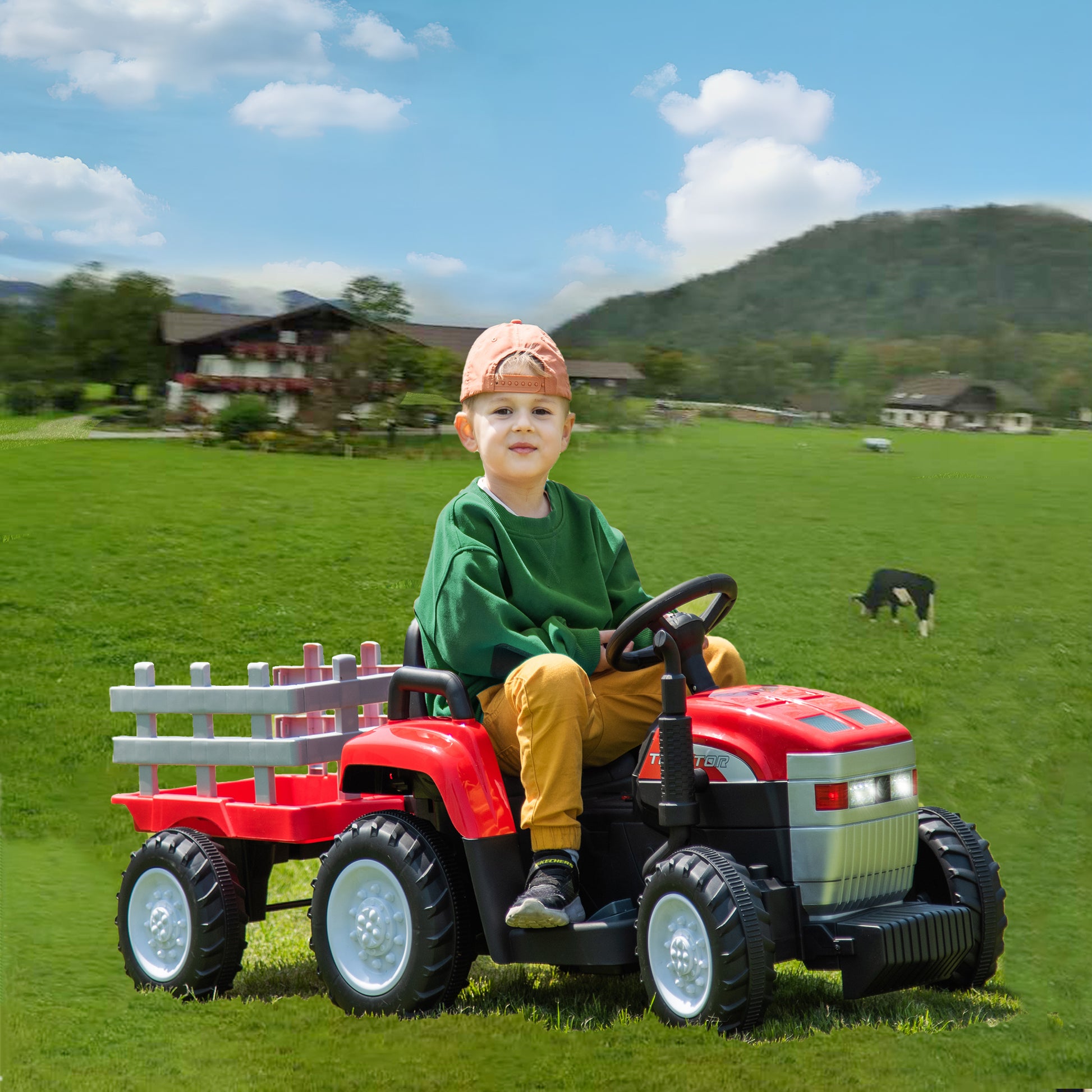 Red, 12V7Ah Battery Powered Toy Tractor With Trailer, Remote Control, Kids' Electric Excavator Vehicles With 2X35W Dual Motor, Treaded Tires, Led Lights, Usb, Music, Gifts For Boy, Girl Red 50 99 Lbs Iron Plastic Iron Plastic Indoor & Outdoor Use