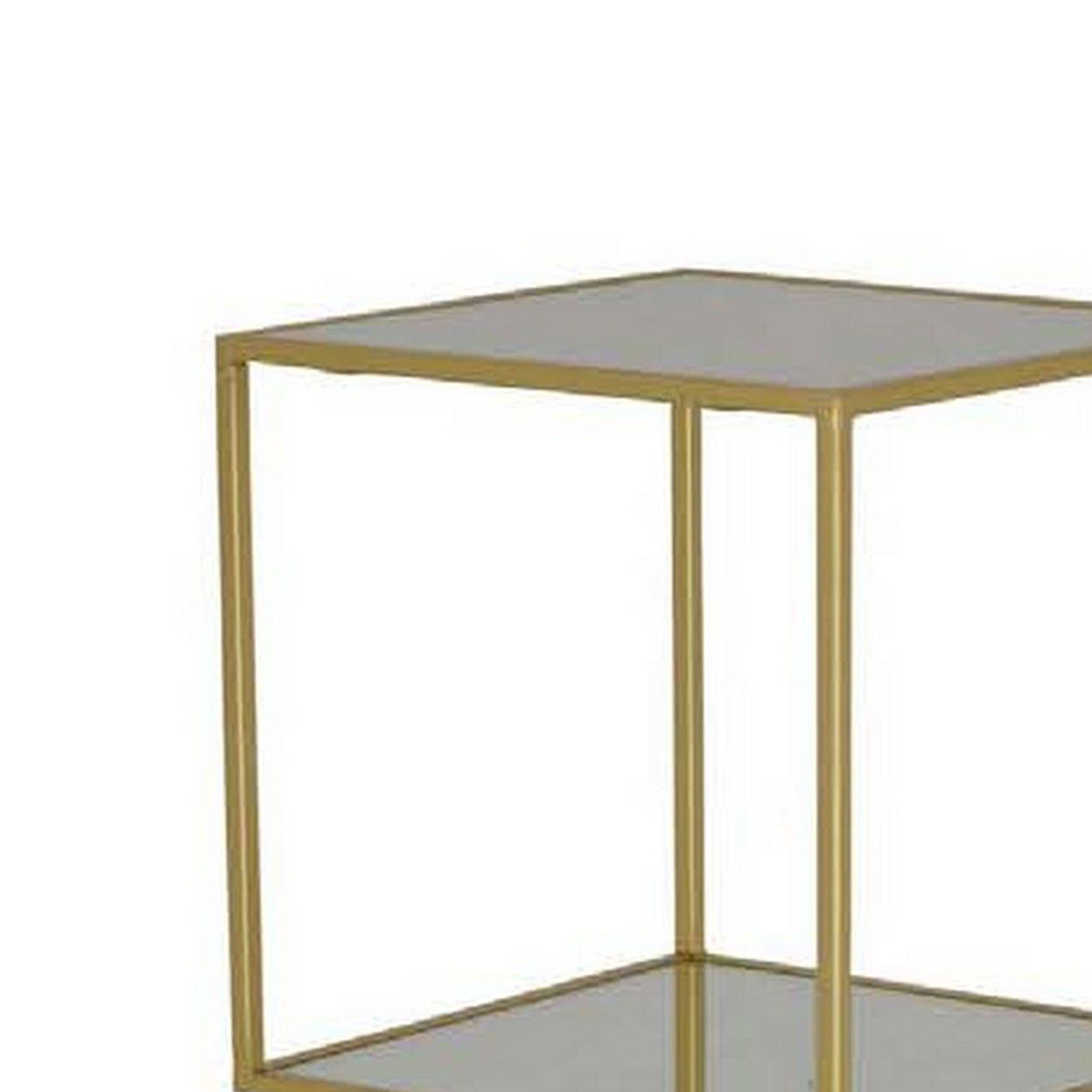 Joy 41 Inch Plant Stand Shelves, Mirrored Box Shape, 3 Tier, Gold Metal Gold Clear Metal