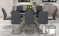 Table And Chair Set.Table And Chair Set.Modern Luxurious Black Marble Patterned Tempered Glass Dining Table With 8 Dark Gray Pu Chairs.Multiple High Quality Pu Dining Chairs With Silver Legs. Dark