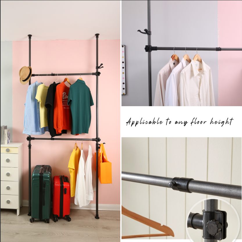 Telescopic Garment Rack, Heavy Duty Design Movable Diy By Hand No Damage To Wall Ceiling Hanging Rail, 31 47In Wide Adjustable, 120 Kilogram Loading, Reach Hook Included,Black Black Primary Living Space Metal