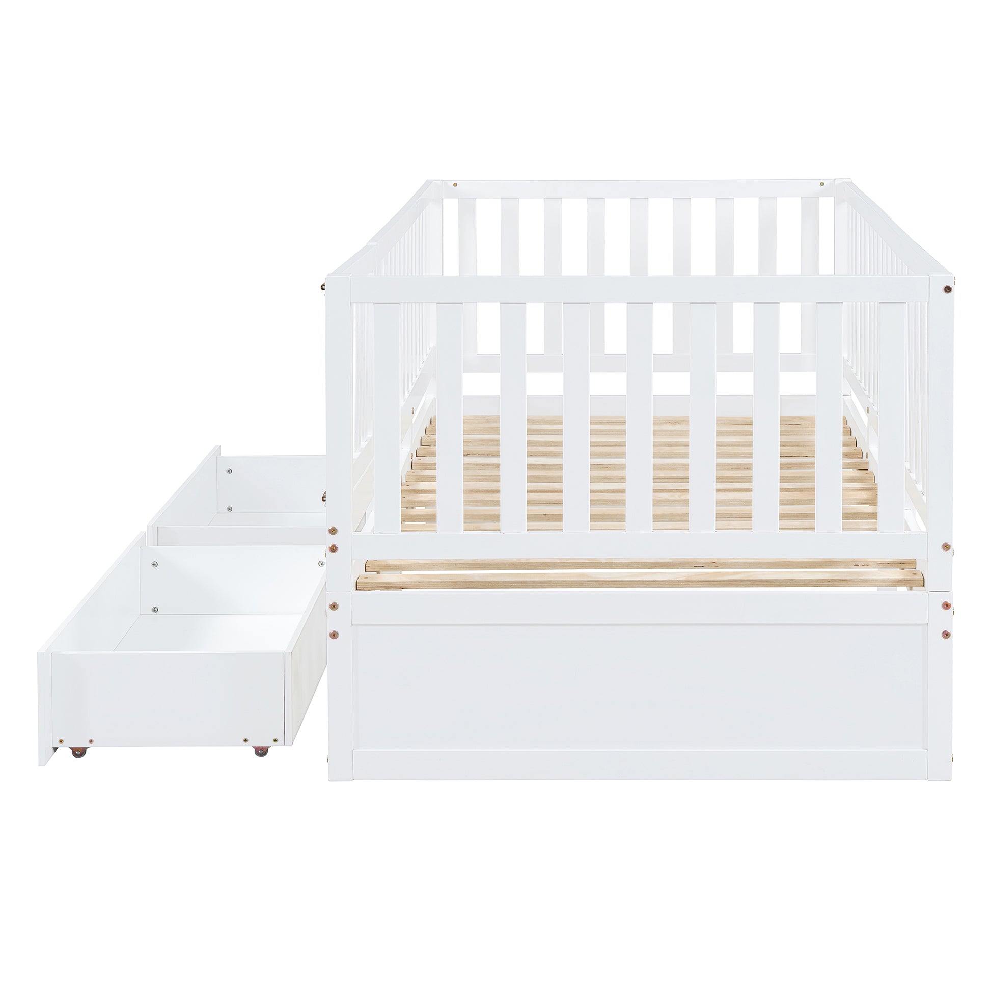 Twin Size Wood Daybed With Fence Guardrails And 2 Drawers, Split Into Independent Floor Bed & Daybed, White Old Sku :Lp000881Aak Twin White Solid Wood Mdf