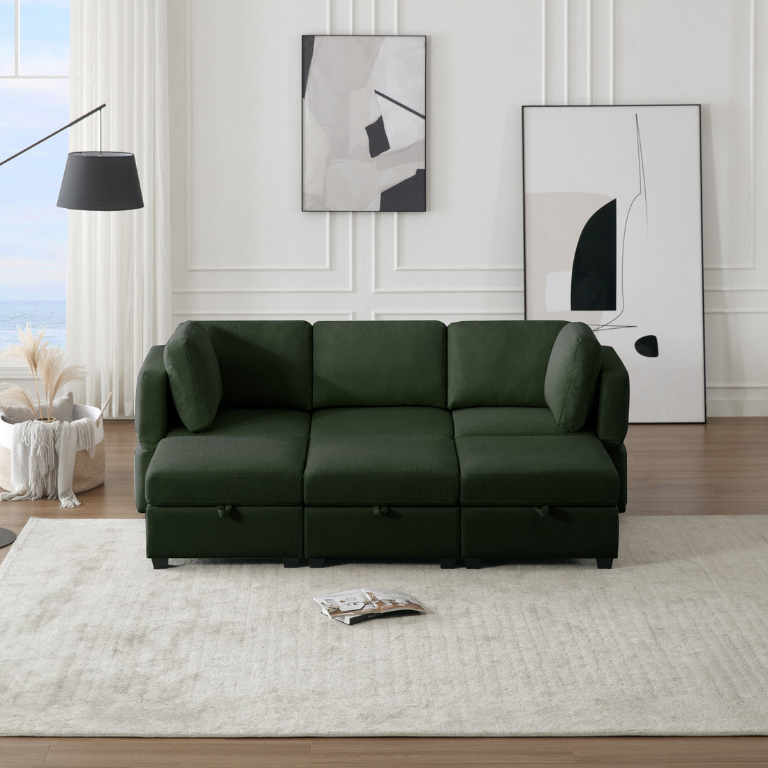 Modular Sectional Sofa Couch Bed With Storage 6 Seater, Sleeper Sofa Bed Couch With Reversible Chaise Ottomans, Adjustable Arms And Backs Green Green Polyester 3 Seat