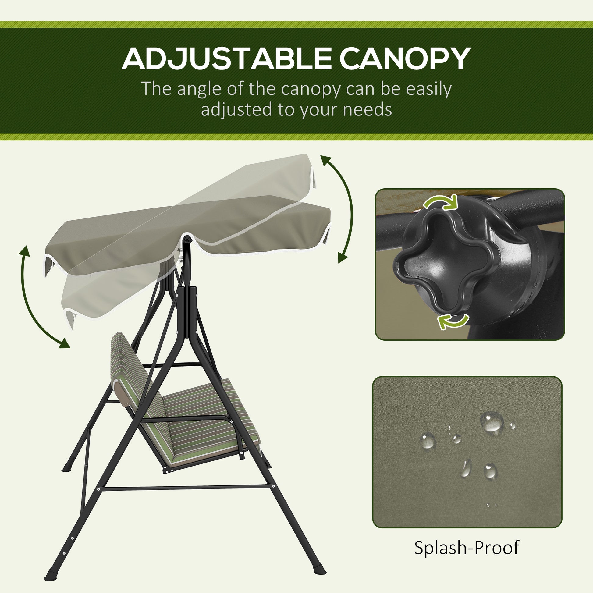 Outsunny 3 Seat Outdoor Patio Swing Chair With Removable Cushion, Steel Frame Stand And Adjustable Tilt Canopy For Patio, Garden, Poolside, Balcony, Backyard, Beige & Green Multicolor Steel