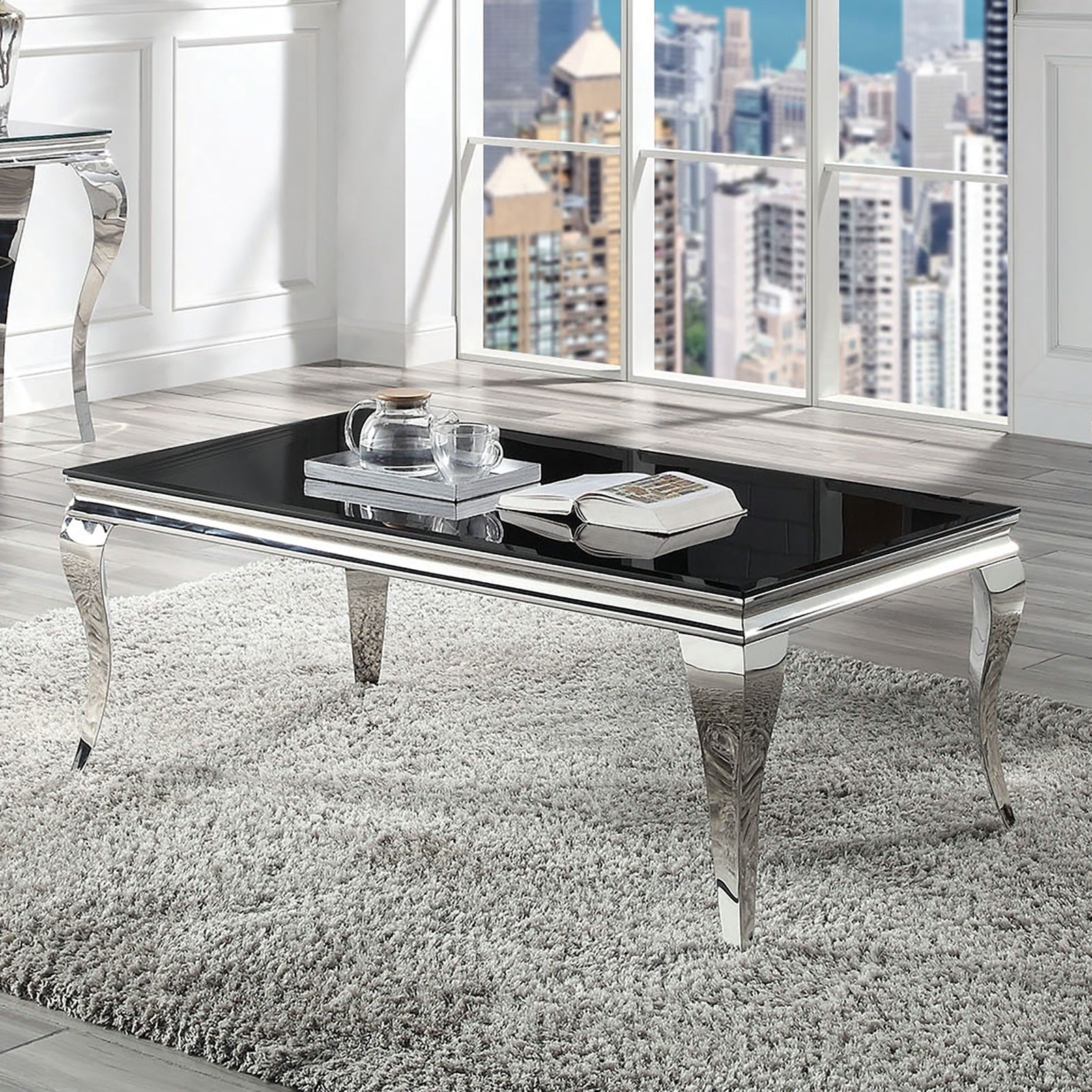 Glam Contemporary1Pc Coffee Table Black Glass Top Silver Color Table Living Room Stainless Steel Cabriole Style Legs Black,Silver Primary Living Space Classic,Modern,Transitional Coffee & End Tables Rectangular Glass,Stainless Steel