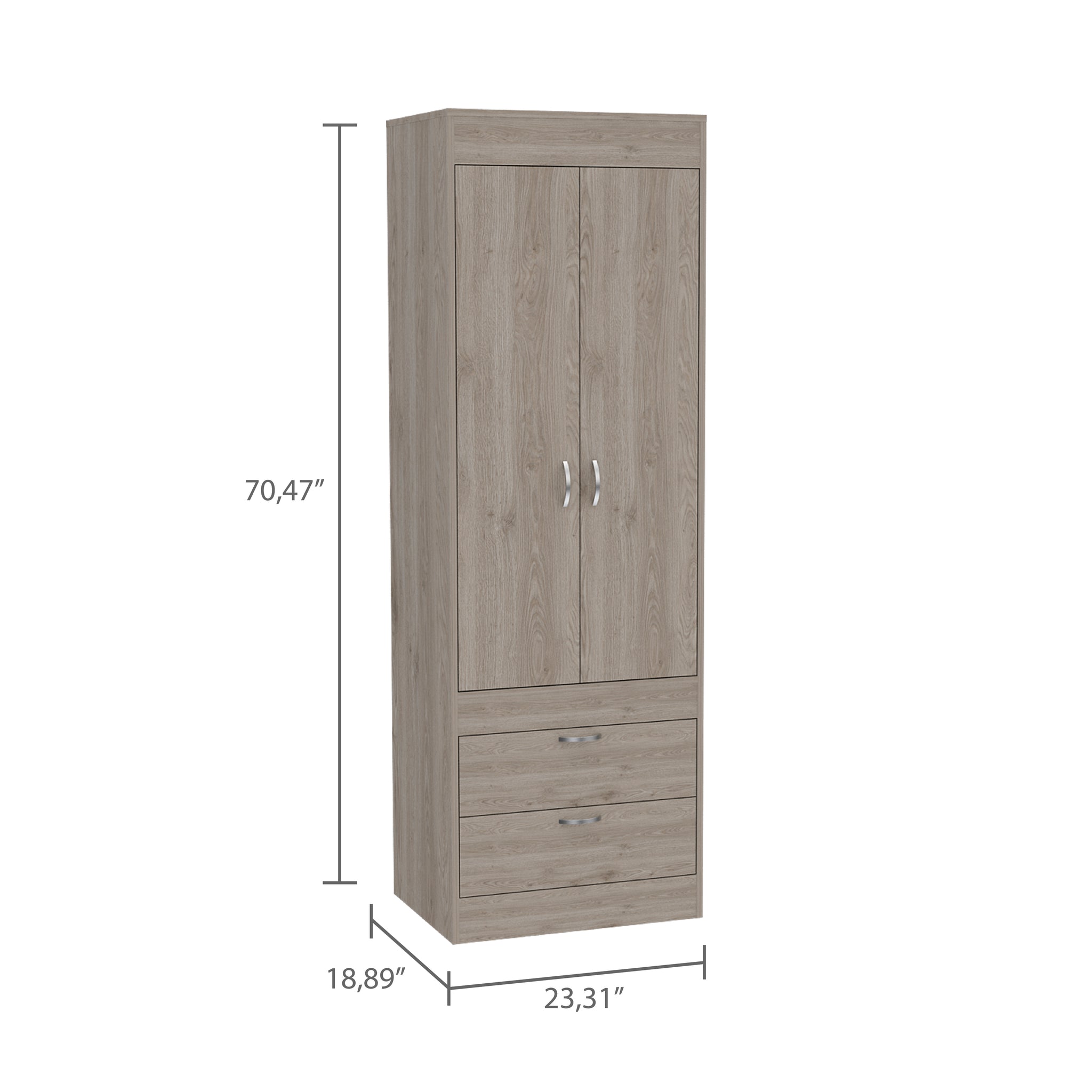 Armoire, Double Door Cabinet, Two Drawers, Metal Handles, Rod, Light Gray Light Gray Solid Wood Mdf Engineered Wood