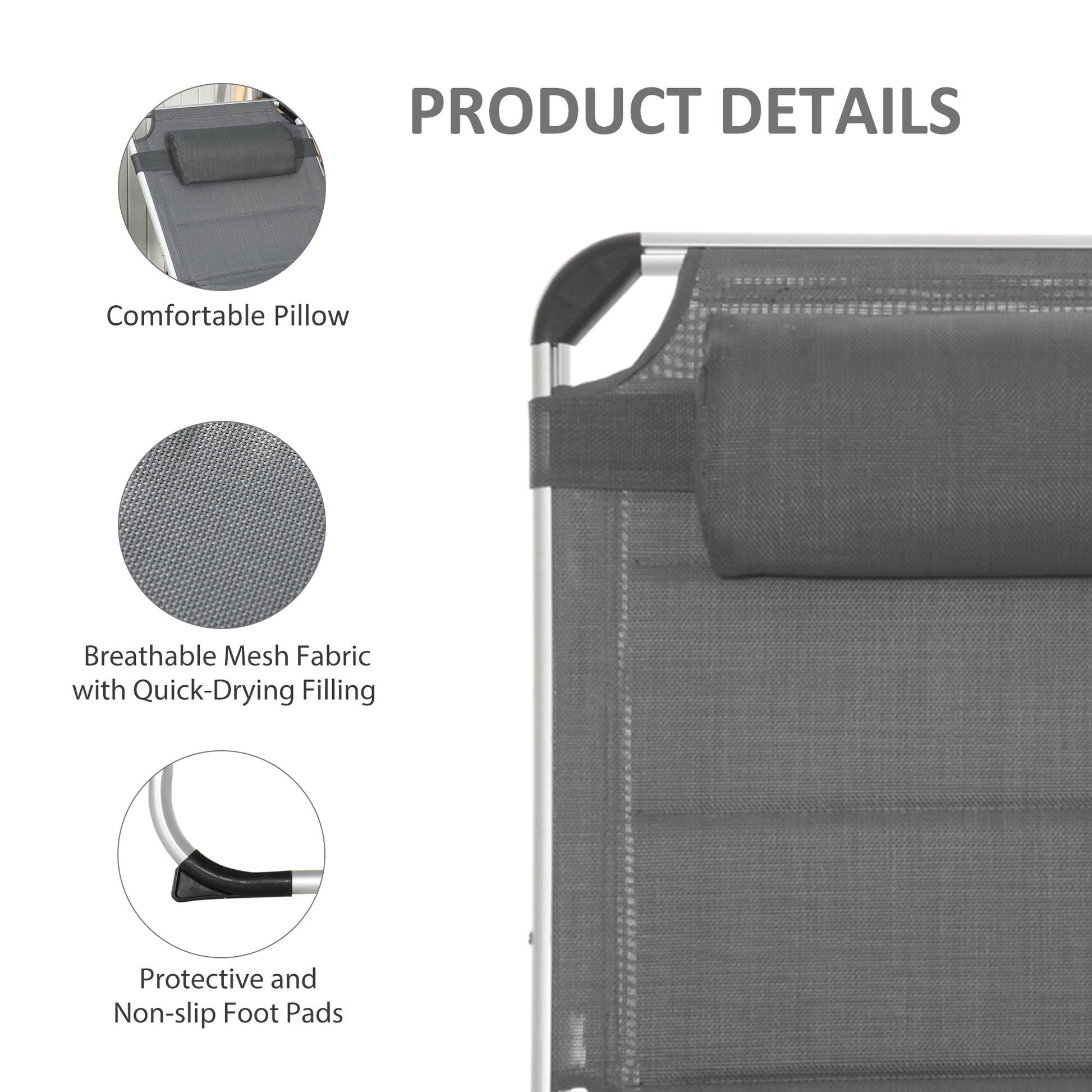 Outsunny Foldable Outdoor Chaise Lounge Chair, 5 Level Reclining Camping Tanning Chair With Aluminum Frame, Padding, And Headrest For Beach, Yard, Patio, Pool, Gray Gray Aluminium