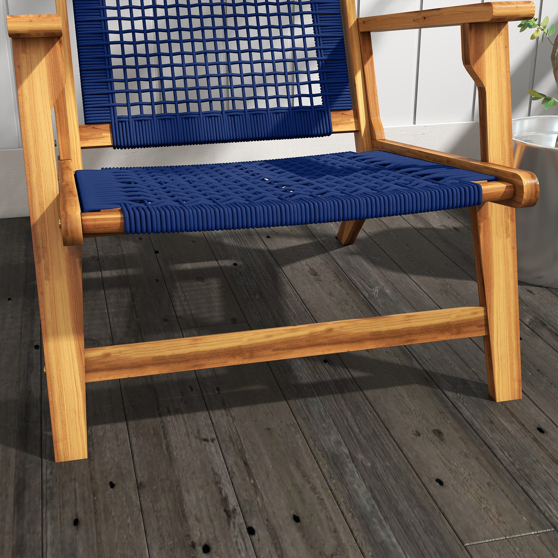 Outsunny Patio Acacia Wood Adirondack Chair, Modern Wood Fire Pit Chair With Pp Rope Weave, Coconino Lounge Chair With High Backrest Support, Dark Blue Blue Wood