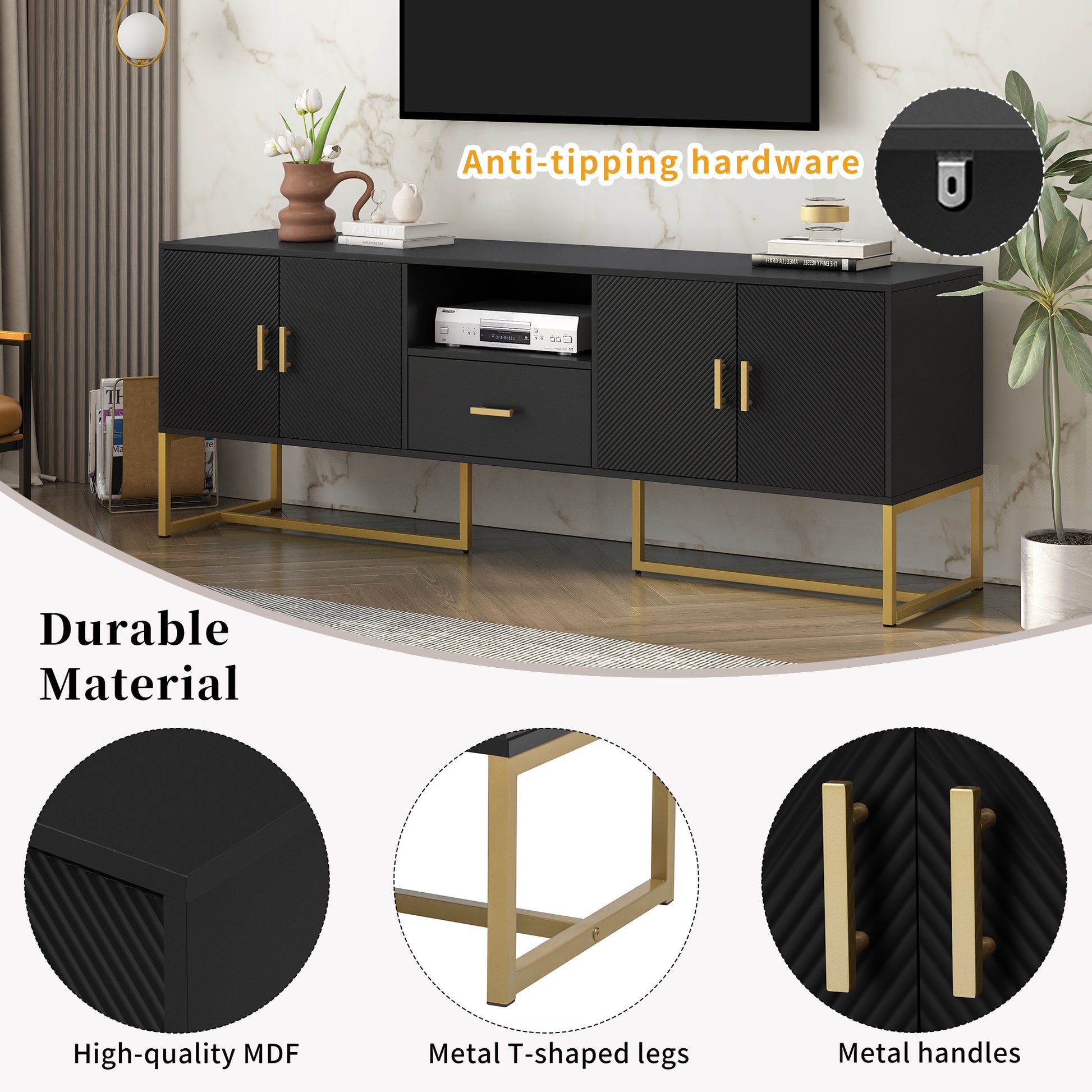 Modern Tv Stand For Tv Up To 70 Inches,Tv Cabinet With 1 Drawer, 2 Cabinets And Metal Legs, Handles And Anti Tip Device For Living Room Black 70 79 Inches Mdf