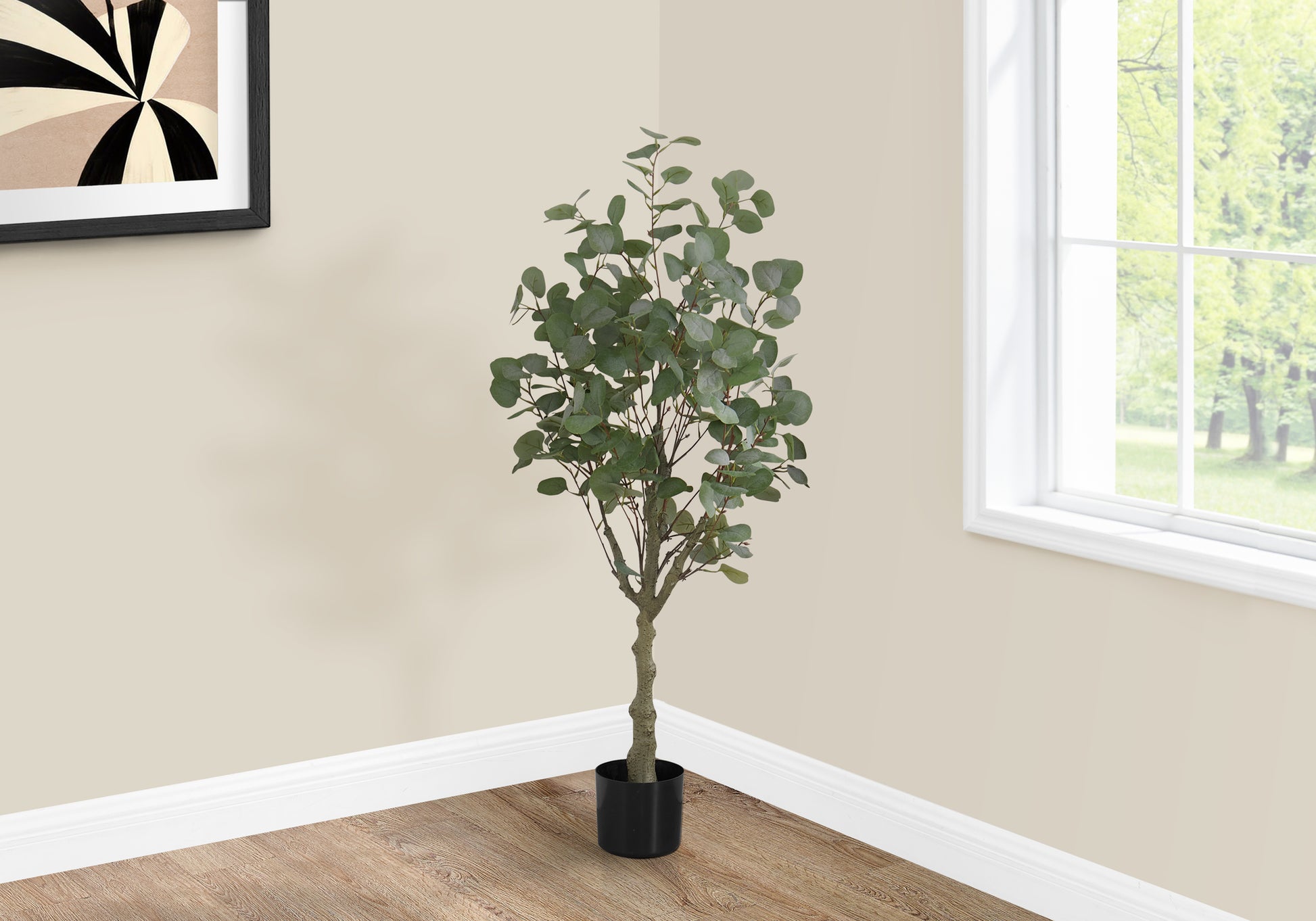 Artificial Plant, 46" Tall, Eucalyptus Tree, Indoor, Faux, Fake, Floor, Greenery, Potted, Decorative, Green Leaves, Black Pot Green Foam Plastic