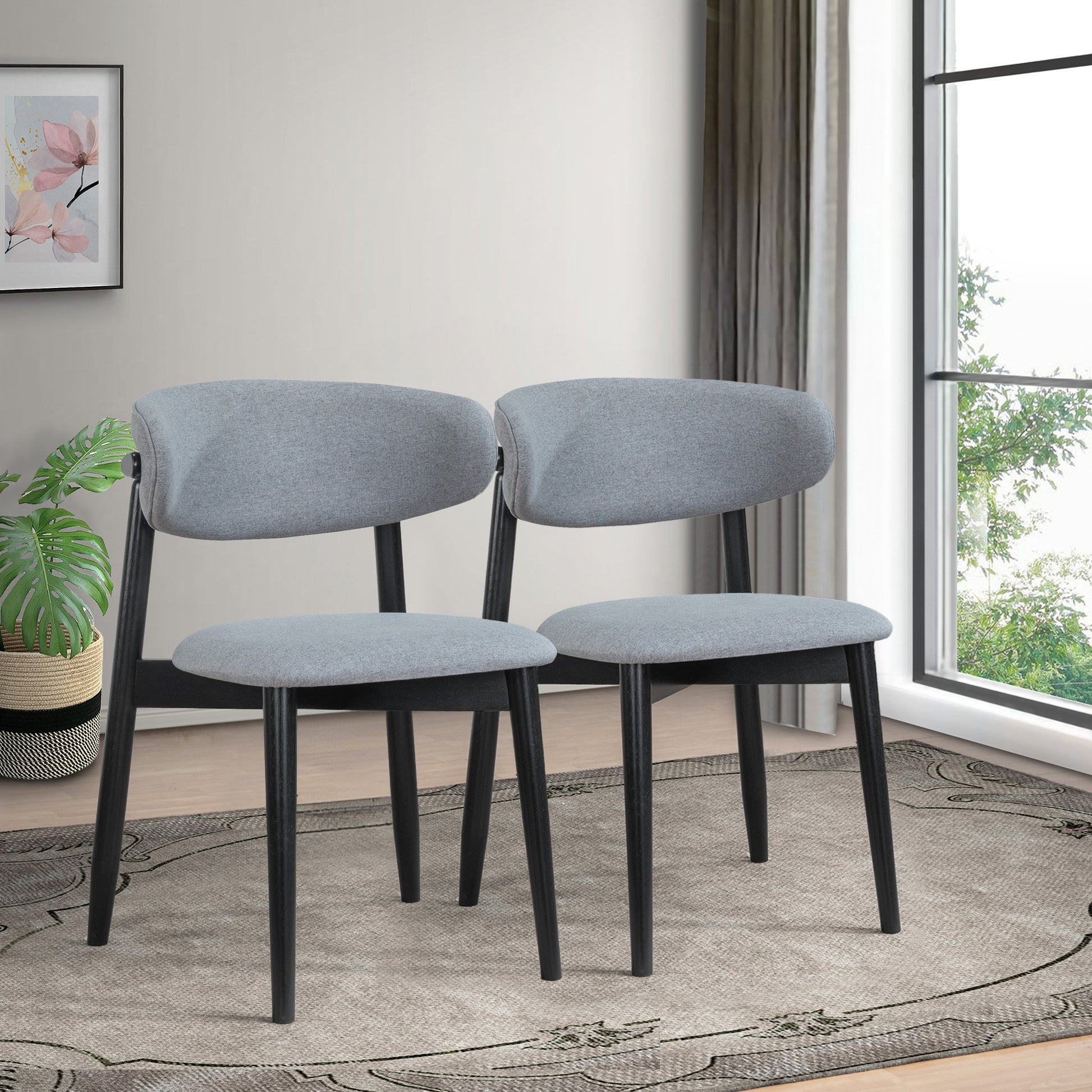 Korbin Grey Fabric Dining Chair Set Of 2 Solid Black,Light Gray Espresso Dining Room Foam Wipe Clean Mid Century Modern Dining Chairs Rubberwood Foam Fabric,Solid Wood