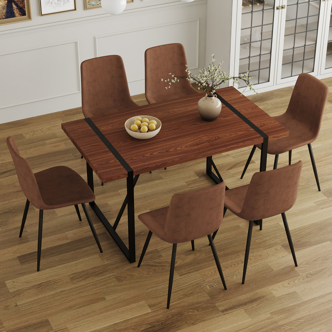 Table And Chair Set. A Minimalist Retro Rectangular Dining Table With A Specially Textured Top And Black Metal Legs, Paired With 6 Soft Chairs And Black Metal Legs, Showcases A Beautiful Home Style.