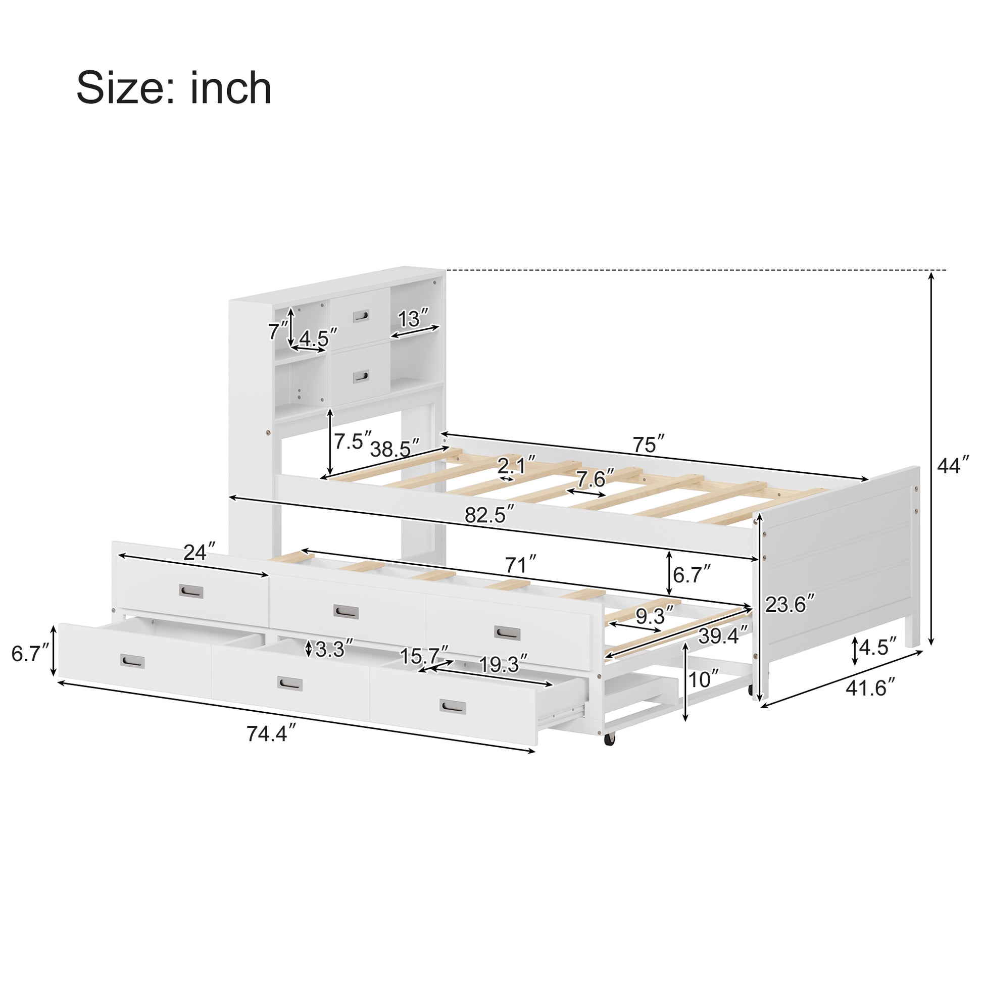 Twin Size Captain Bed With Storage Bookcase Headboard,Captain Bed With Trundle And Three Storage Drawers For Kids Teens Dorm Bedroom Multipurpose Guest Room Or Home, White Box Spring Not Required Twin White Wood Solid Wood Mdf