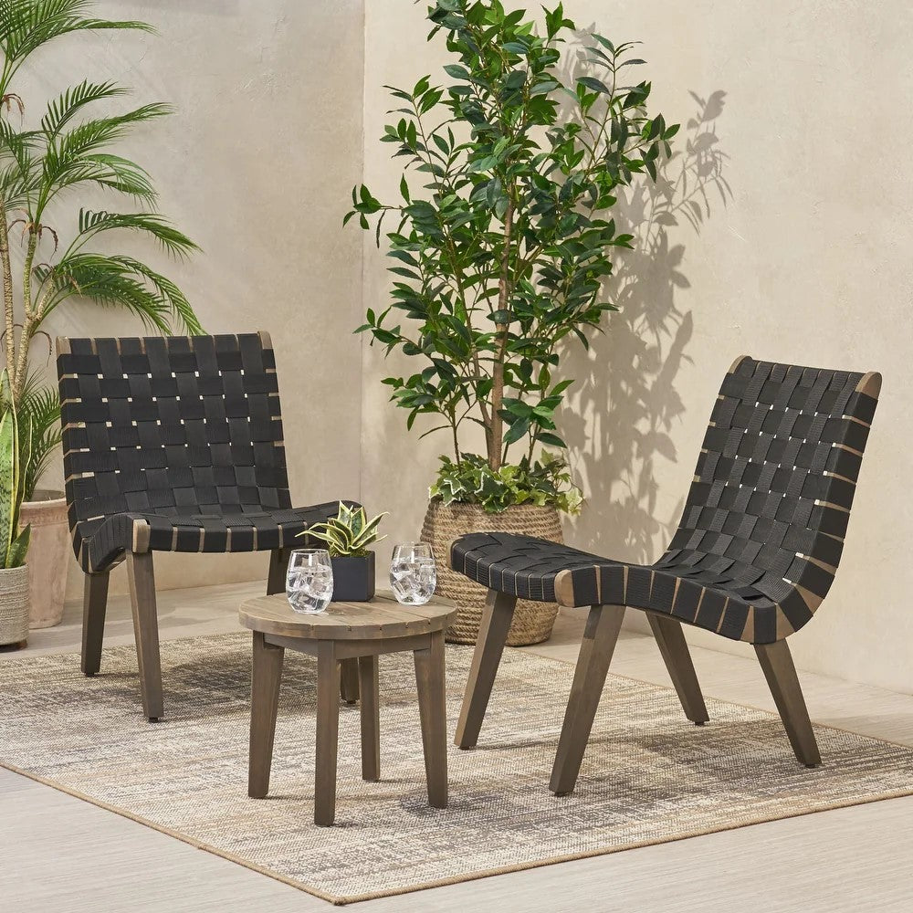 Outdoor 3 Piece Wood Patio Seating Set Black Metal & Wood