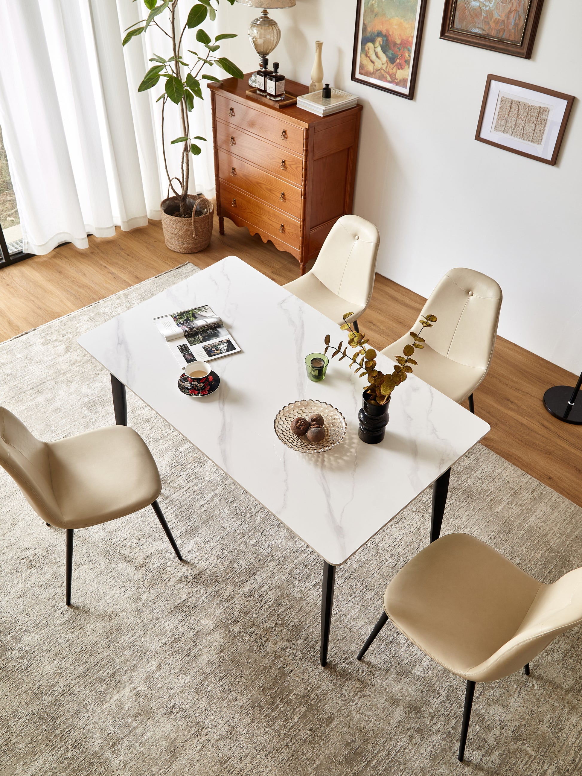 Dining Table Table 55" Rectangular White Kitchen Table With Porcelain Table Top And Metal Legs,Dining Room Table For 4,Mid Century Dinner Table For Living Room And Office,Table Only White Black European Ceramic Tile Iron