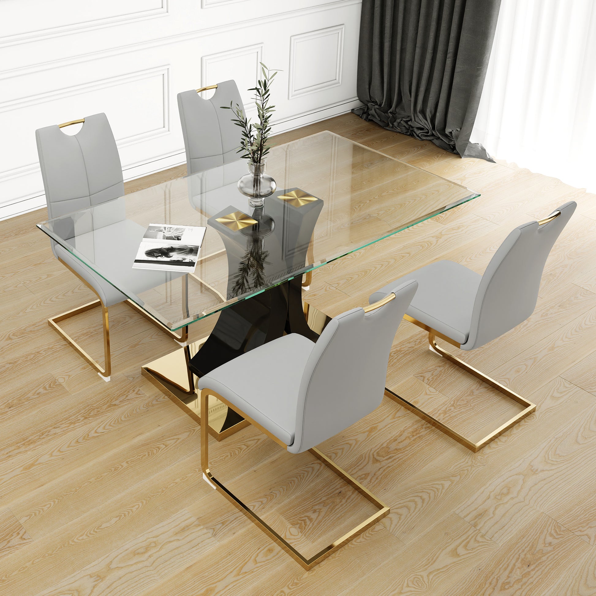 Modern Style Glass Dining Table, Elegant Transparent Design, Solid Support Base, Grey Dining Chair Set, Gold Plated Chair Legs, Suitable For Restaurant Kitchen Use Set Of 5 Grey Gold Seats 4 Mdf Glass
