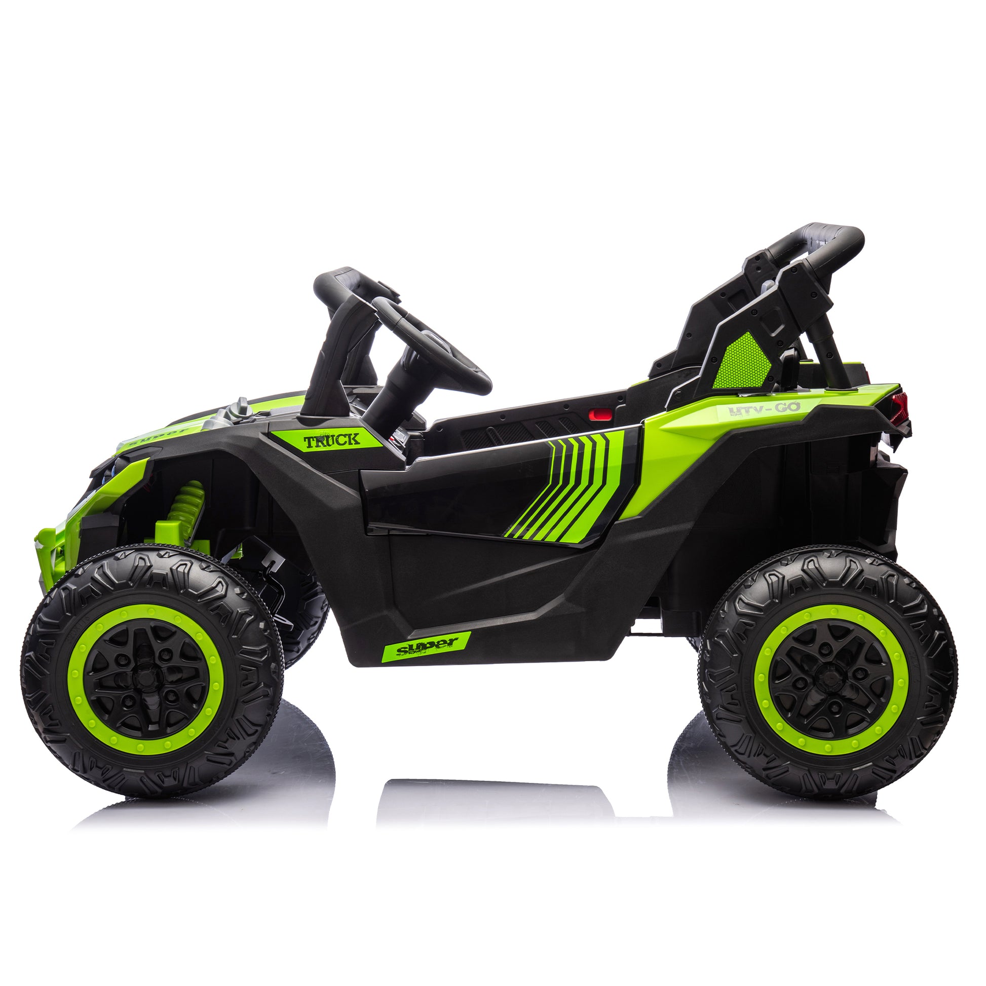 24V Two Seater Kids Ride On Utv W Parents Remote Control,Four Wheel Suspension,Slow Start,Large Wheel Design,Anti Collision Bar,Storage Space,Music,Usb,Bluetooth,Volume Control,Led Lights For Kids 3 . Green 100 149 Lbs Polypropylene