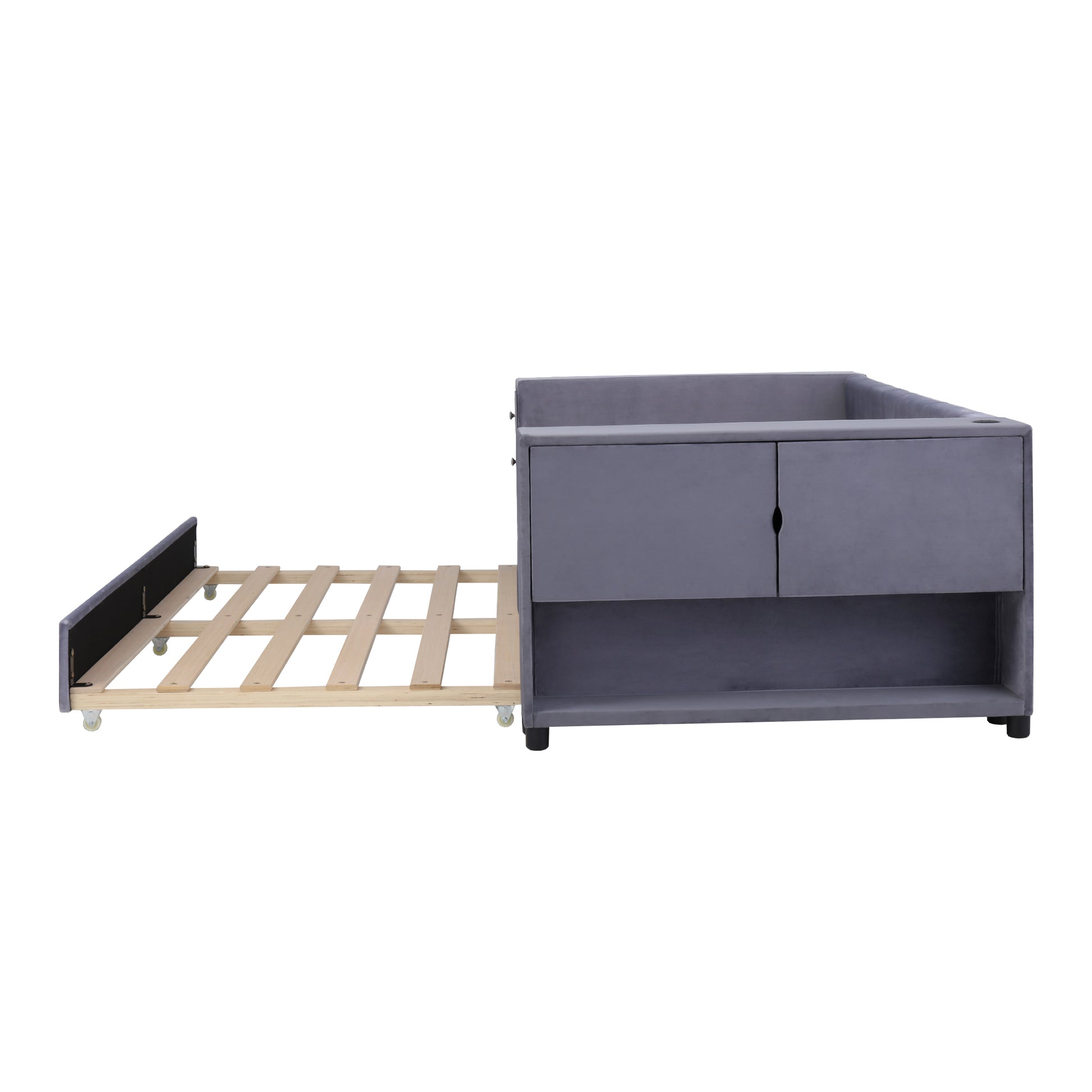 Twin Upholstered Bed With Storage And Twin Trundle, Usb Charging Ports, French Velvet, Gray Twin Gray Velvet