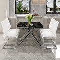 Table And Chair Set.Table And Chair Set.Modern Luxurious Black Marble Patterned Tempered Glass Dining Table With 6 White Pu Chairs.Multiple White High Quality Pu Dining Chairs With Silver Legs.