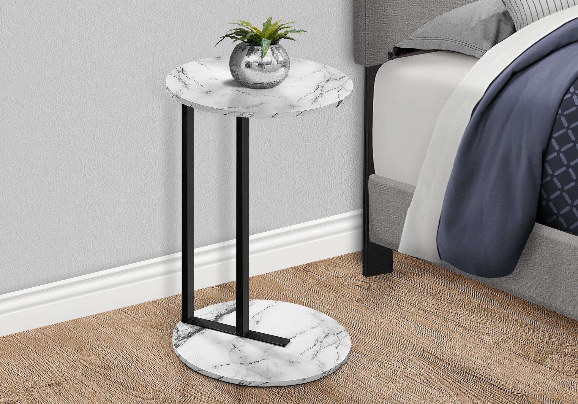 Accent Table, Side, Round, End, Nightstand, Lamp, Living Room, Bedroom, White Marble Look Laminate, Black Metal, Contemporary, Modern White Metal