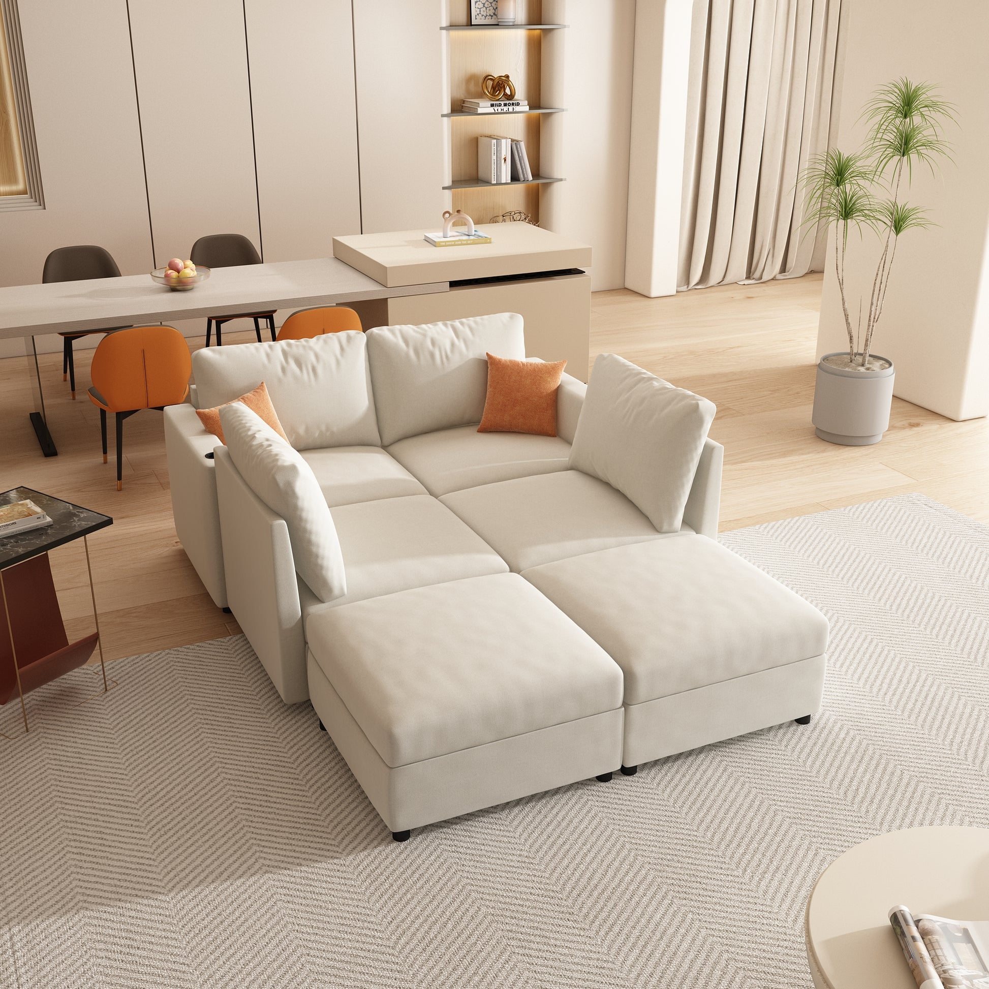 Modern Large Sectional Sofa, U Shape Modular Sectional Couch With Storage Function,123" Sofa Bed With Ottoman,6 Seat Sectionals Chaise For Living Room,Chenille Antique White Fabric 6 Seat