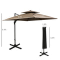 Outsunny 10Ft Offset Patio Umbrella With Base, Double Top Hanging Aluminum Cantilever Umbrella With 360 Degree Rotation, Easy Tilt, 8 Ribs, Crank, Cross Base, Cover, Strap, Coffee Coffee Steel