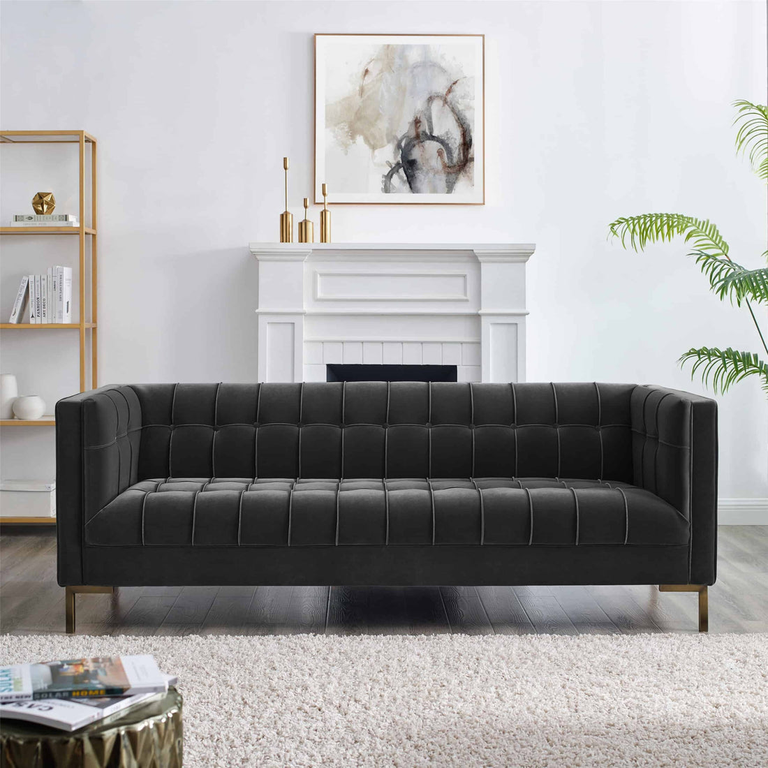 Isaac Channel Stitch Velvet Sofa Gray Dark Gray Fabric 3 Seat