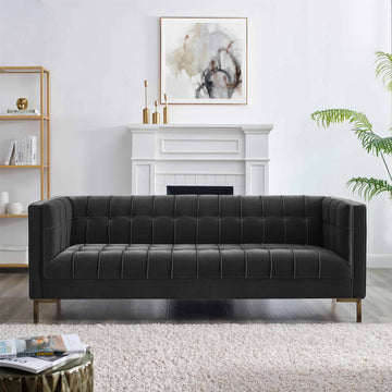 Isaac Channel Stitch Velvet Sofa Gray Dark Gray Fabric 3 Seat