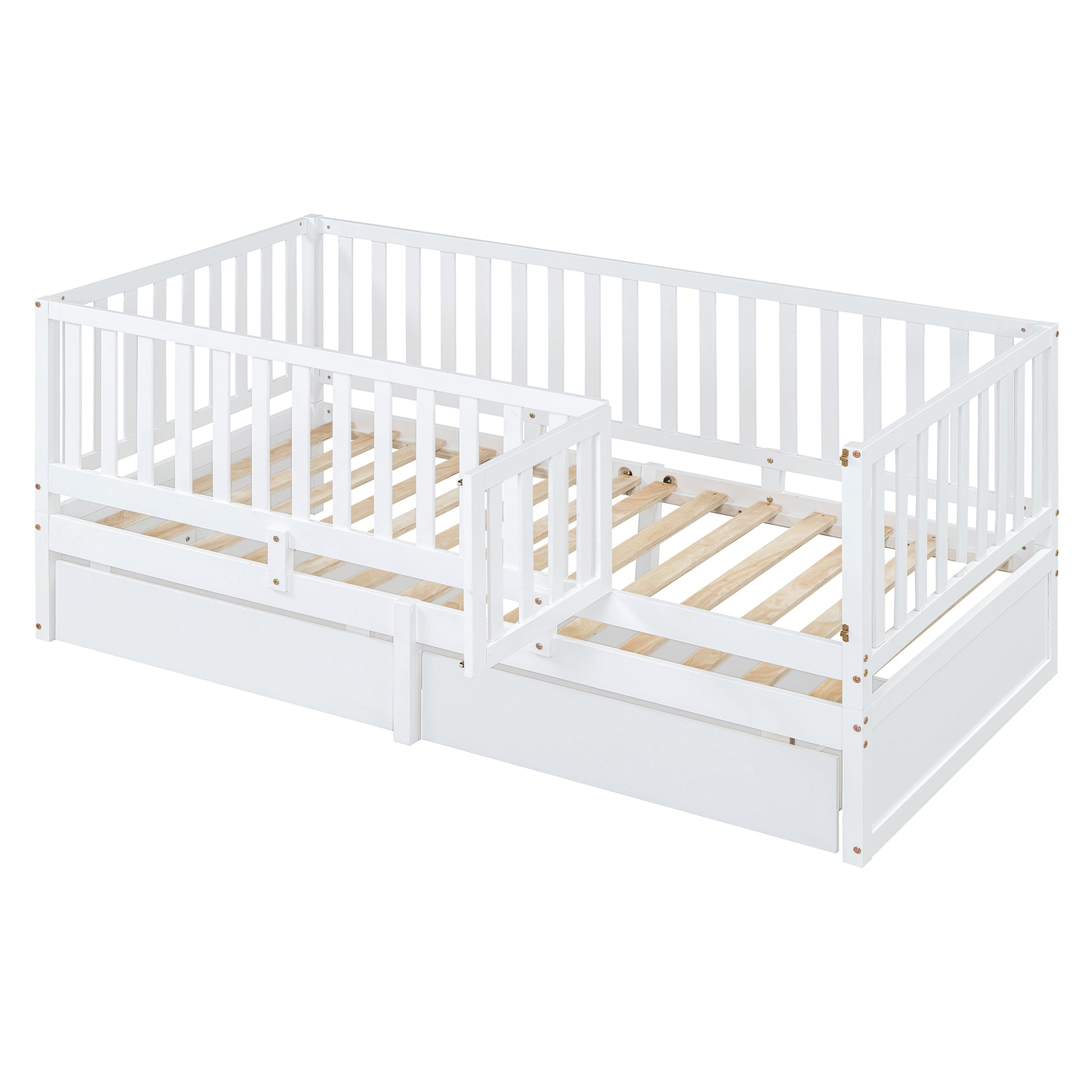 Twin Size Wood Daybed With Fence Guardrails And 2 Drawers, Split Into Independent Floor Bed & Daybed, White Old Sku :Lp000881Aak Twin White Solid Wood Mdf