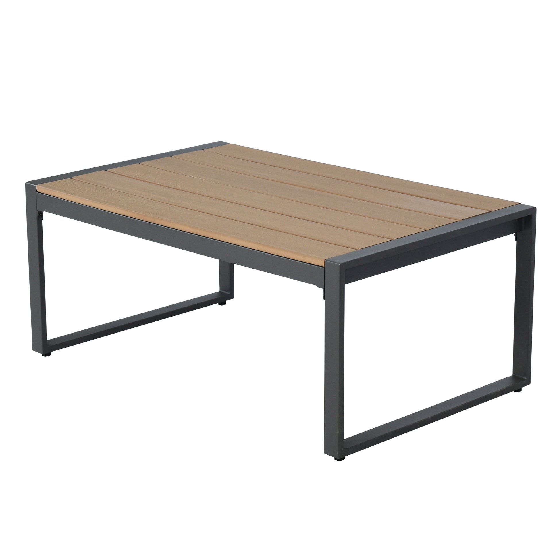 Outdoor 4 Pieces Furniture Sets Modern Aluminum Patio Conversation Sets Sofa W Blue Cushion Faux Wood Grain Frame Coffee Table For Garden Courtyard Poolside Yes Dining Set Grey Weather Resistant Frame Water Resistant Cushion Garden & Outdoor Modern