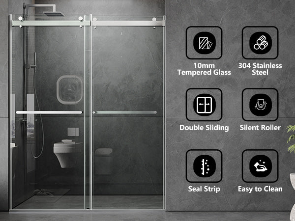 56 To 60'' W X 76'' H Frameless Shower Door, Double Sliding Shower Door With Premium 3 8'' 10Mm Thick Tempered Glass, Stainless Steel, Brushed Nickel Brushed Nickel Bathroom Modern Tempered Glass