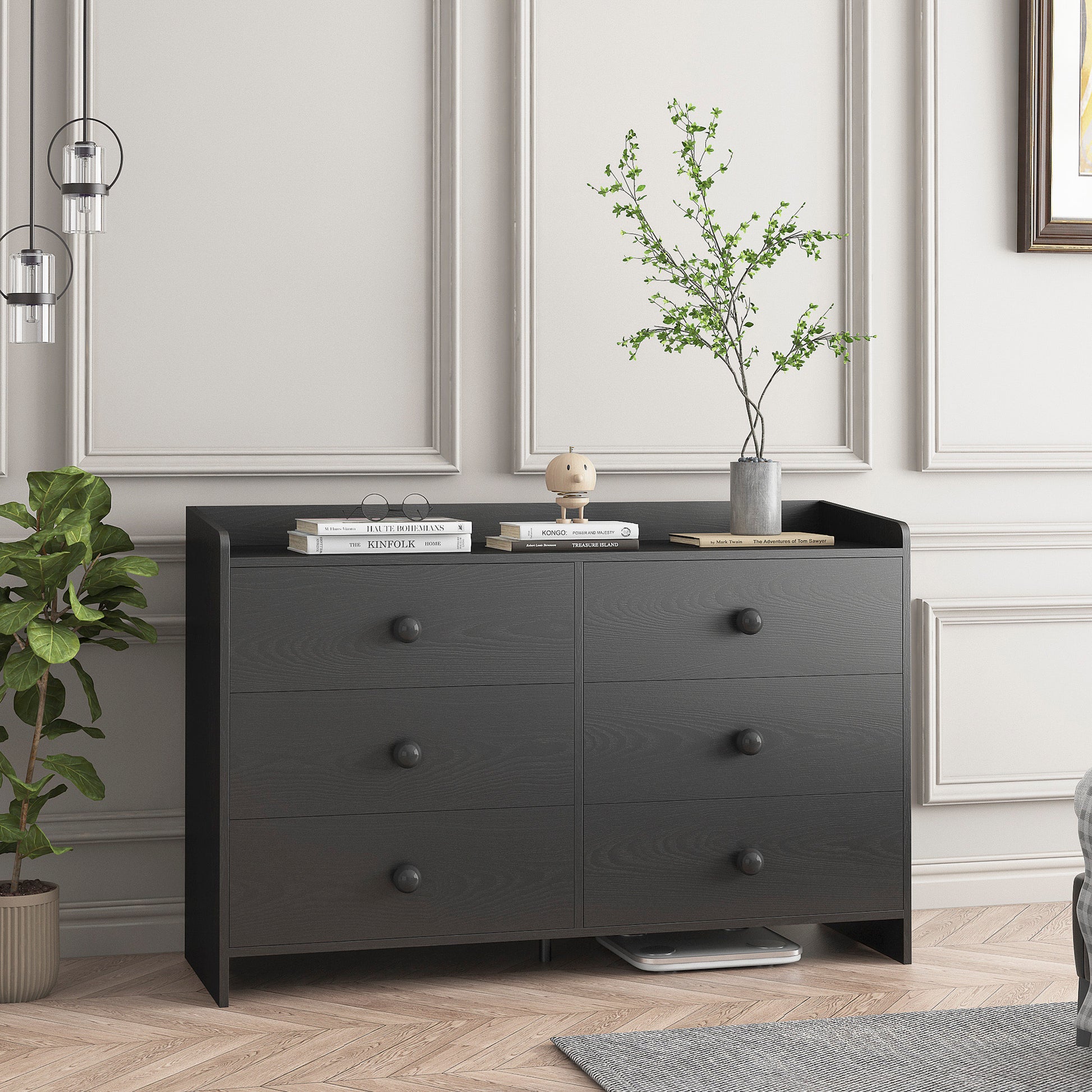 Chest Of Drawers Black Dresser6 Drawer Chest With Wide Storage, Modern Contemporary 6 Drawer Cabinet, Dresser For Bedroom Living Room Hallway Black Mdf