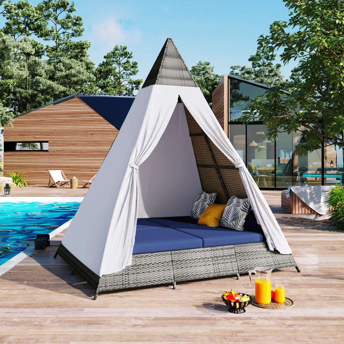90.5" Length Outdoor Sunbed With Colorful Pillows, Wicker Patio Daybed With Cushions, Tent Shape, Gray And Blue Yes Blue Grey Wicker