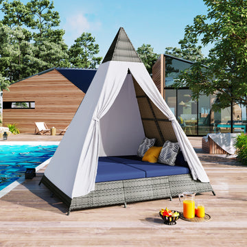 90.5" Length Outdoor Sunbed With Colorful Pillows, Wicker Patio Daybed With Cushions, Tent Shape, Gray And Blue Yes Blue Grey Wicker