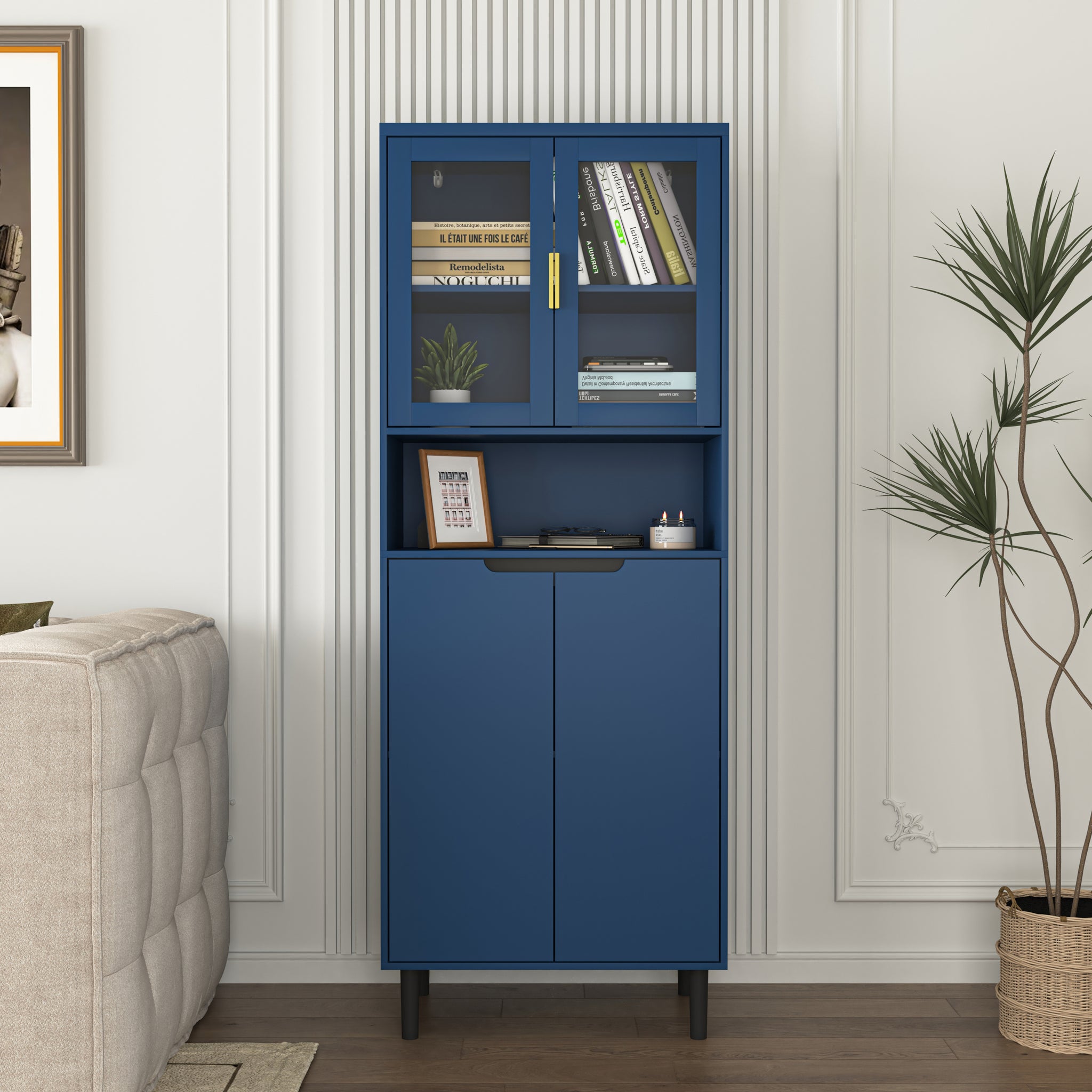 Tall Storage Show Cabinet With 2 Glass Display Door & 2 Doors, Tall Kitchen Pantry Cabinet With Gold Handles, Modern Cabinet Freestanding For Bathroom, Dining Living Room, Blue Blue Mdf