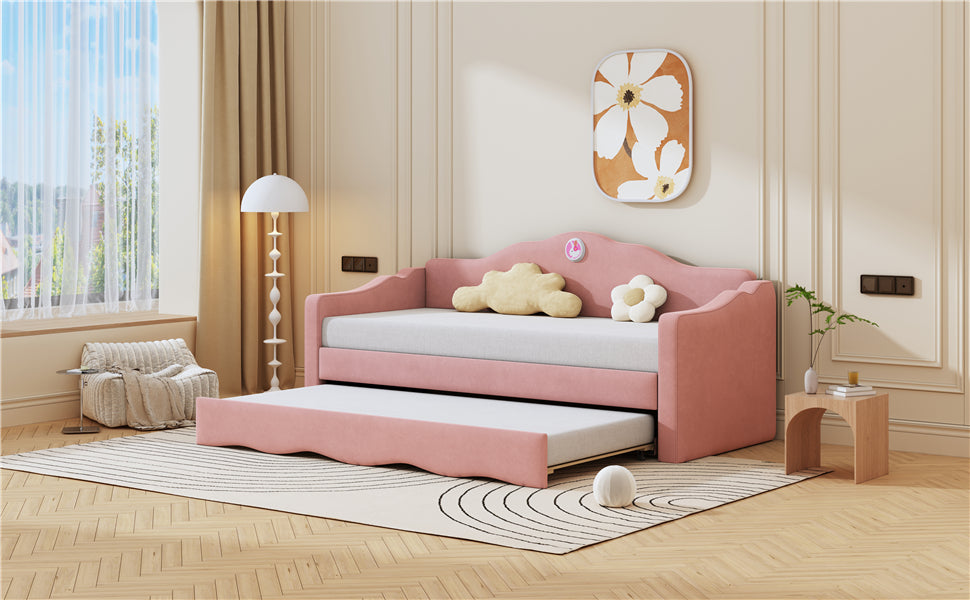 Twin Size Upholstered Daybed With Wave Shaped Trundle, Pink Pink Velvet