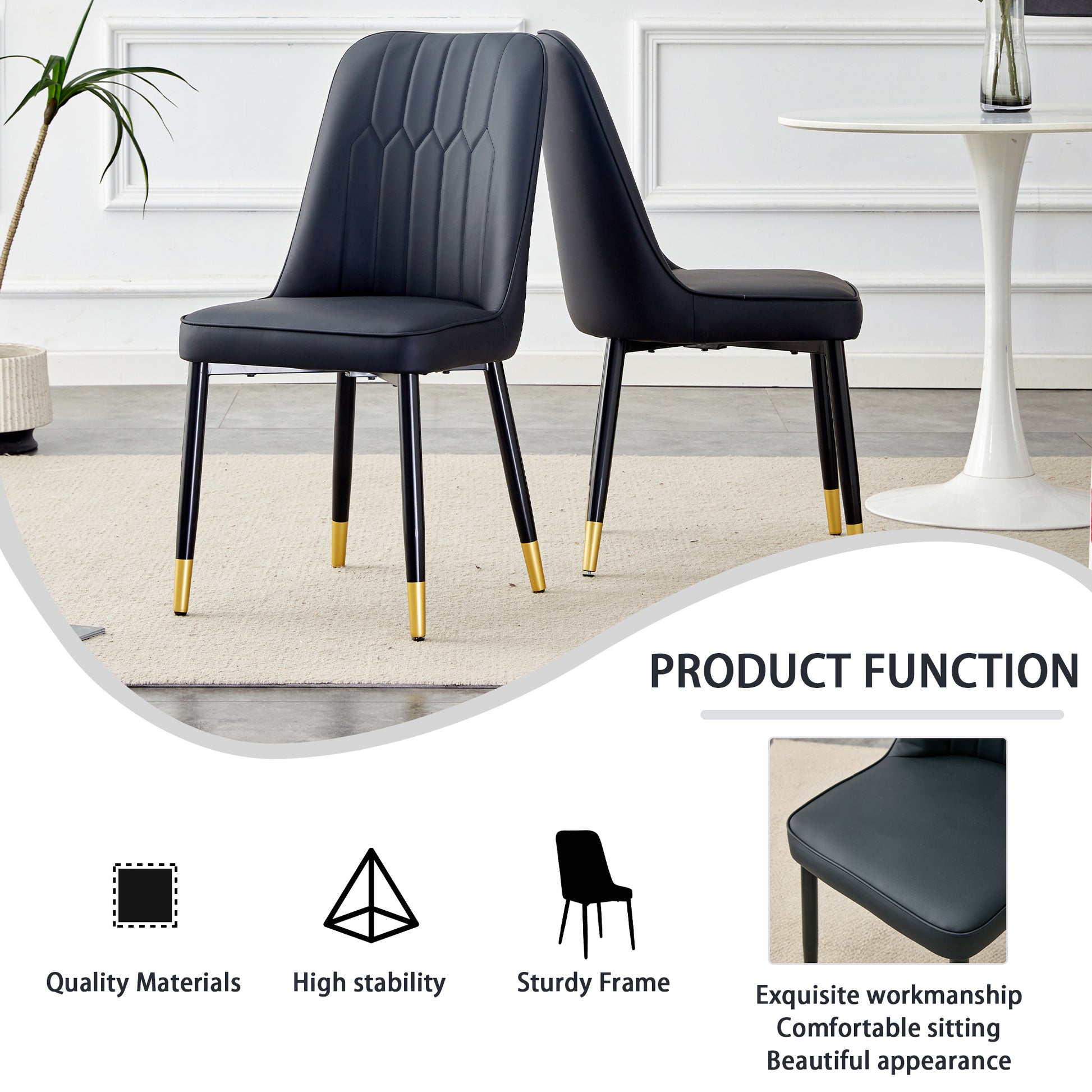Large Modern Minimalist Rectangular Dining Table With 0.39 "Imitation Marble Black Desktop And Gold Metal Legs, Paired With 8 Chairs With Pu Cushions And Black Metal Legs.F 1538 C 007 Black Gold Glass Metal