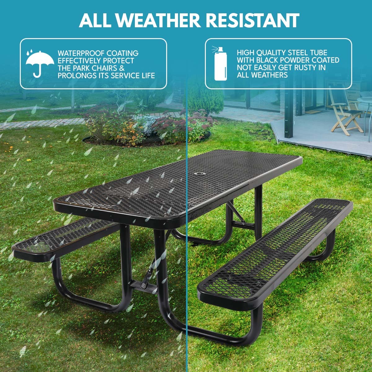 6 Ft. Rectangular Outdoor Steel Picnic Table With Umbrella Pole In Black Black Carbon Steel