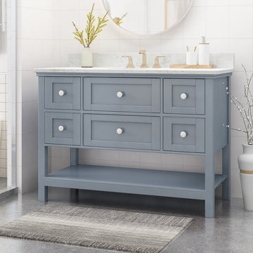 49'' Bathroom Vanity With Marble Top & Ceramic Sink, Open Shelf, 5 Drawers, Gray Same As N759S999002E Grey Plywood