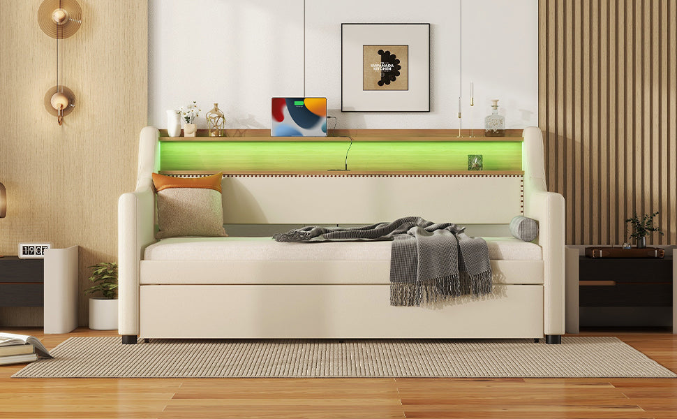 Twin Size Daybed With Trundle, Upholstered Daybed With Charging Station And Led Lights, Beige Twin Beige Pu Leather
