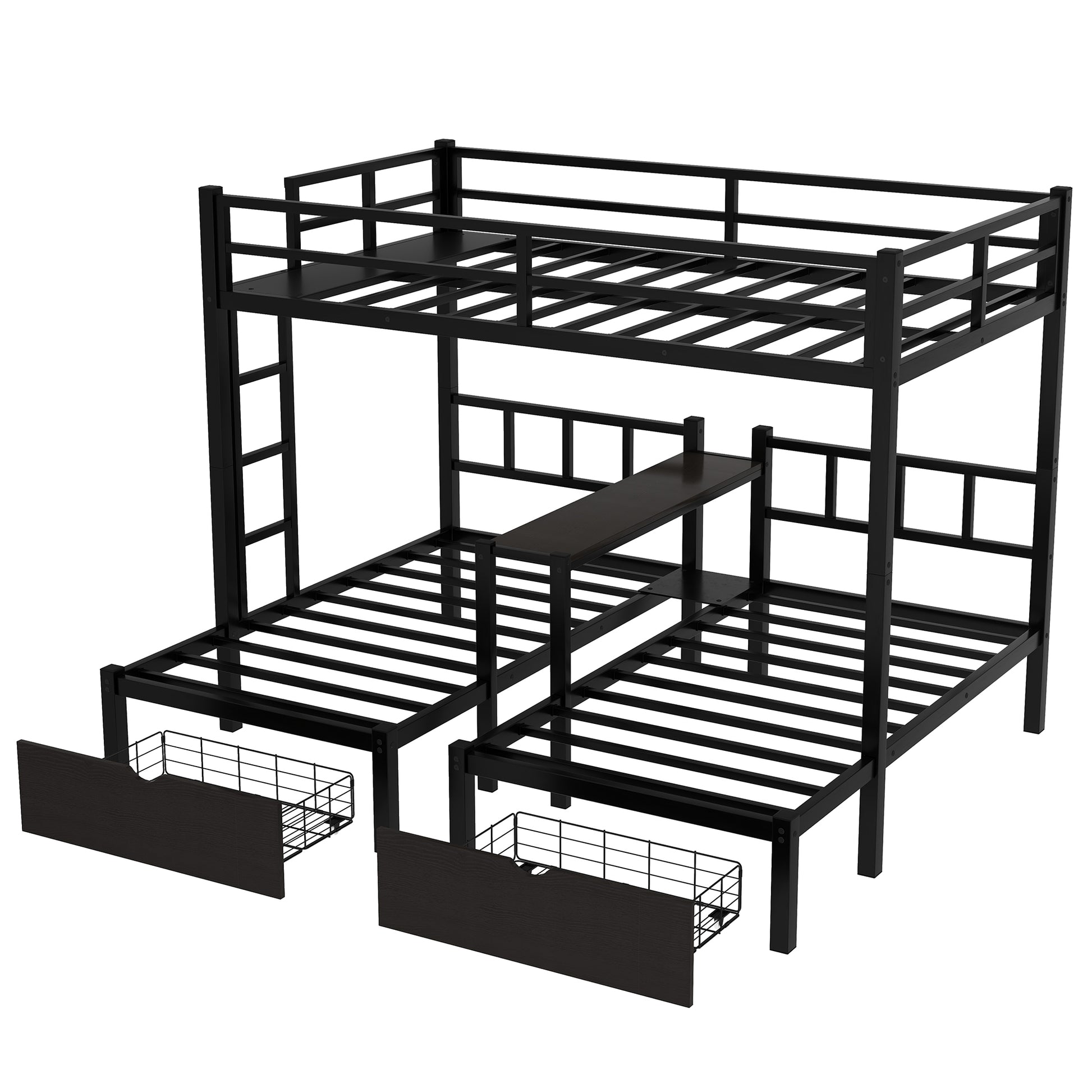 Full Xl Over Twin & Twin Triple Bunk Bed With Drawers, Multi Functional Metal Frame Bed With Desks And Shelves In The Middle, Black Full Xl Black Metal