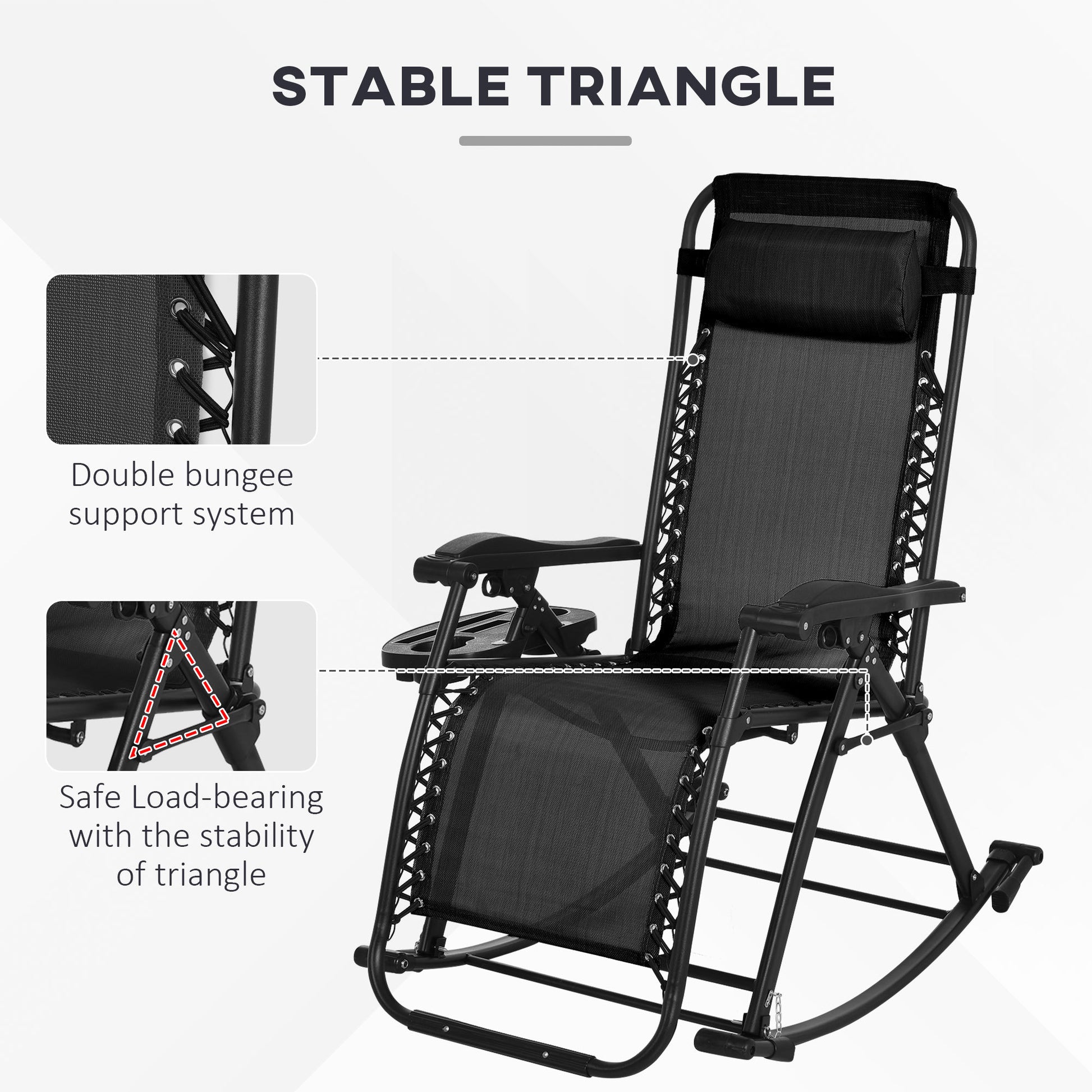 Outsunny 2 Pieces Outdoor Rocking Chairs, Foldable Reclining Zero Gravity Lounge Rocker With Pillow, Cup & Phone Holder, Combo Design With Folding Legs, Black Black Steel