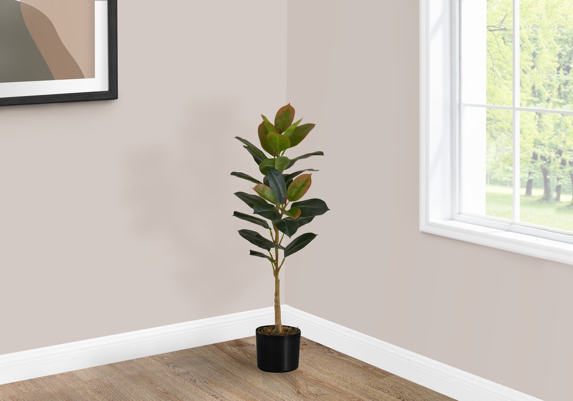 Artificial Plant, 40" Tall, Rubber Tree, Indoor, Faux, Fake, Floor, Greenery, Potted, Real Touch, Decorative, Green Leaves, Black Pot Green Plastic