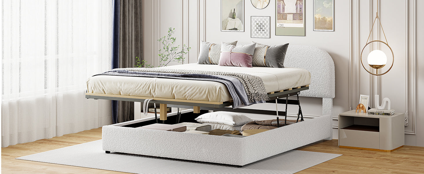 Teddy Fleece Queen Size Upholstered Platform Bed With Hydraulic Storage System, White Queen White Teddy