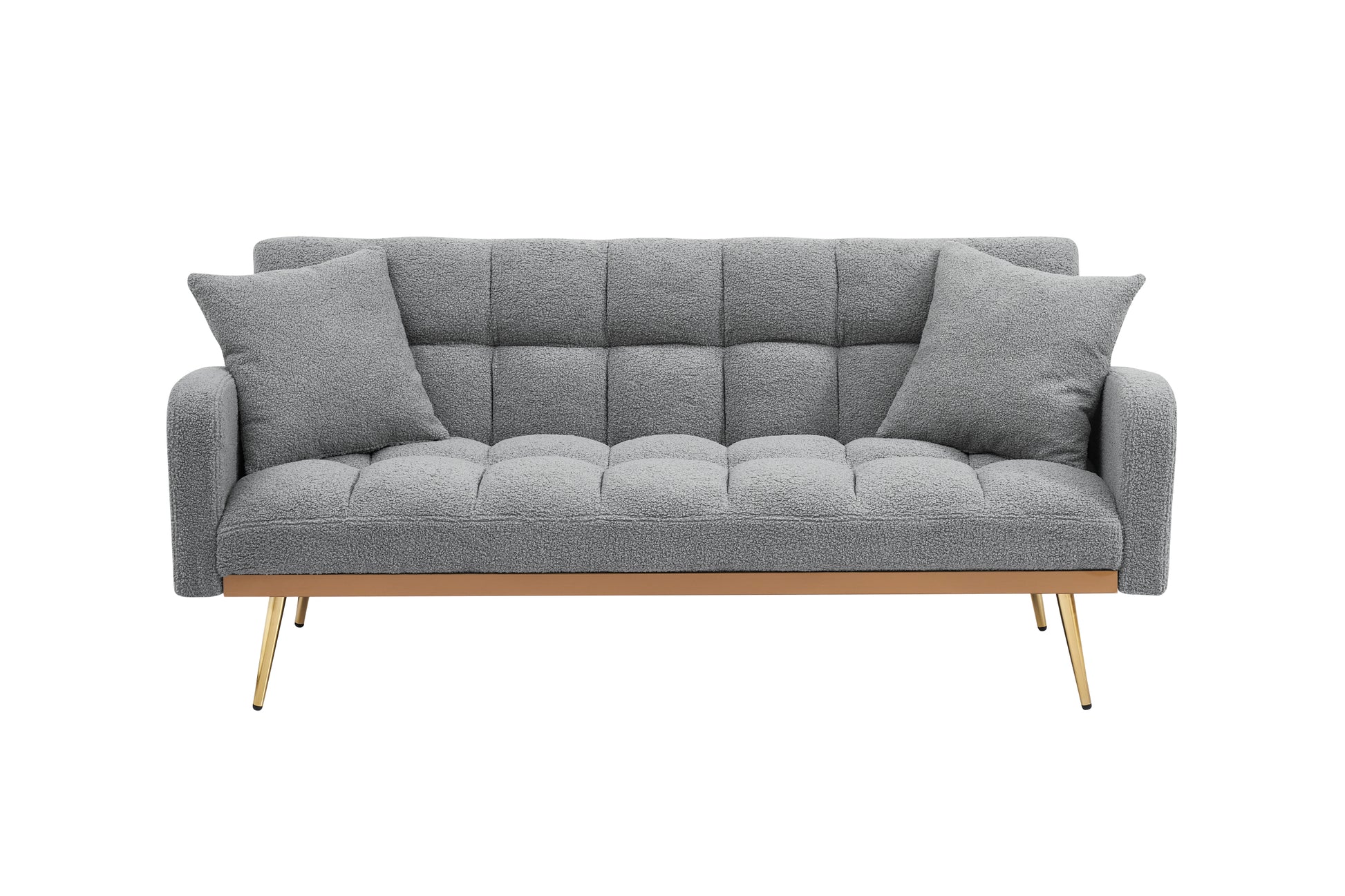 69 Inch Grey Sofa Bed With Adjustable Sofa Teddy Fleece 2 Throw Pillows Gray Fabric 2 Seat