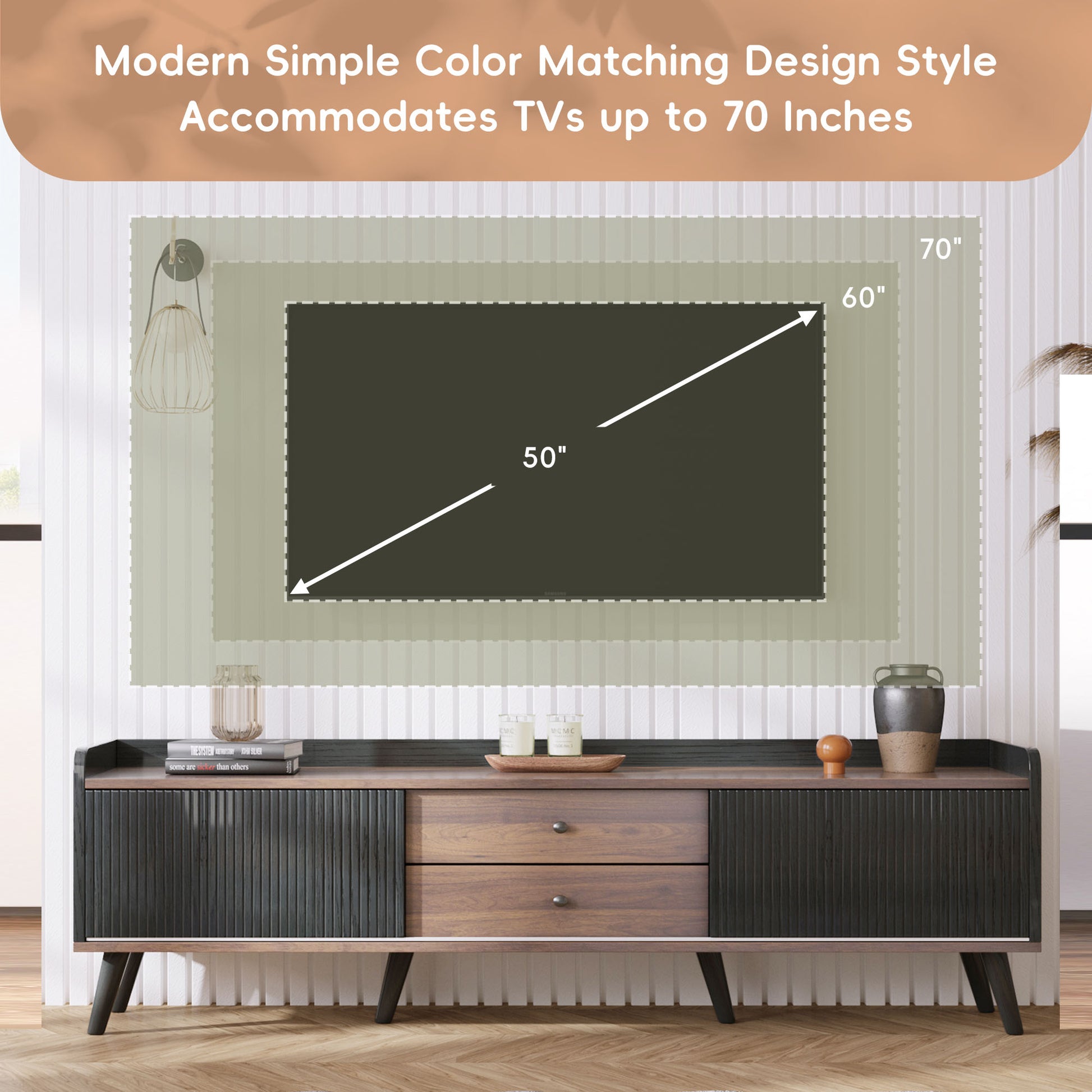 63'' Mid Century Tv Stand With 2 Cabinets& Open Compartments, Entertainment Center For Tvs Up To 70'', Television Console For Living Room, Bedroom, Home Theatre Dark Coffee Black Primary Living