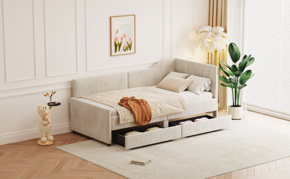 Twin Size L Shaped Corduroy Daybed,Upholstered Bed Frame With 2 Storage Drawers, Beige Twin Beige Wood Fabric