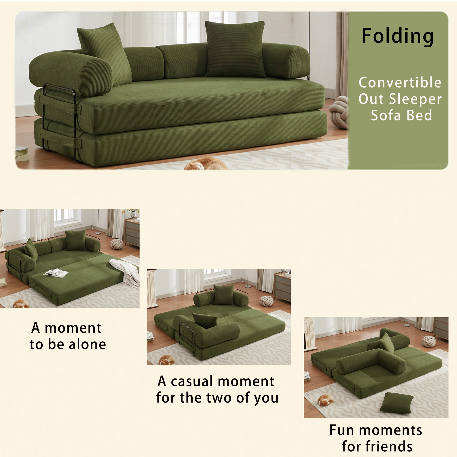 Arrived 78.5" Folding Convertible Out Sleeper Sofa Bed,4 In 1 Diy Combination Convertible Sofa, 3 Seat, Folding Sleeper Sofa, King Sizebedroom,Apartment,Corduroy,Green Green Polyester Primary Living