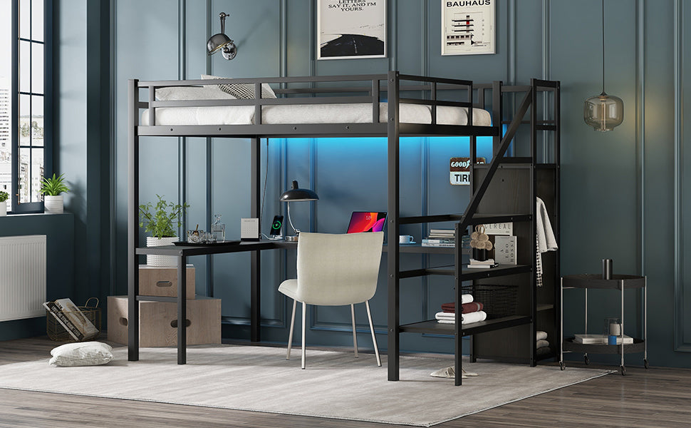 Full Size Loft Bed With L Shaped Desk And Usb, Metal Loft Bed With Wardrobe And Adjustable Shelf, High Loft Bed With Led For Kids Teens Adults, Black Full Black Metal