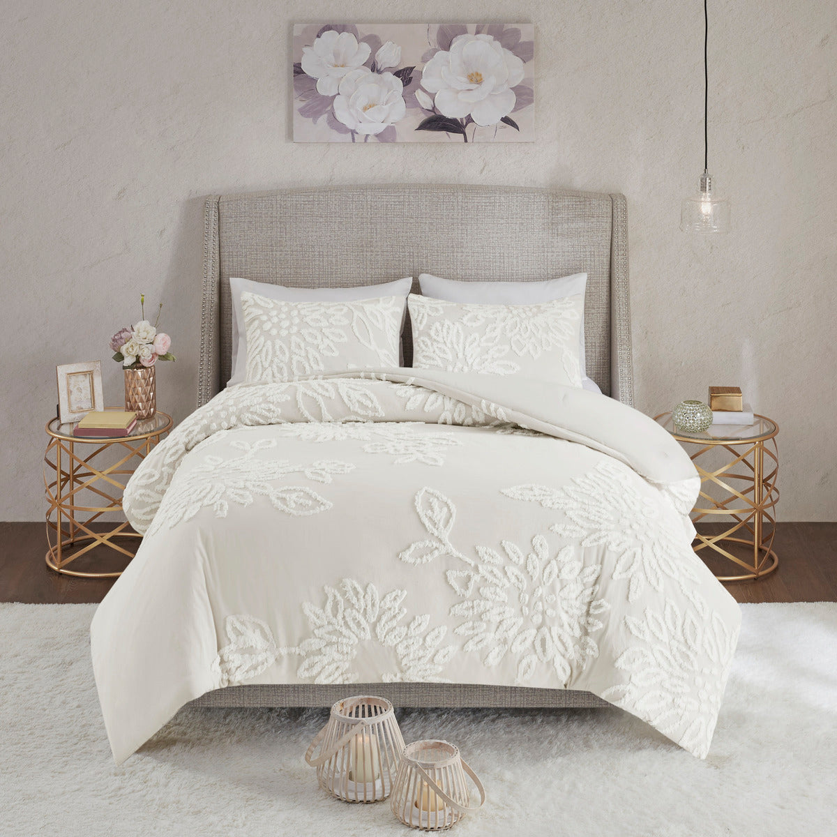 3 Piece Tufted Cotton Chenille Floral Comforter Set Off White King Cal King King Off White Cotton