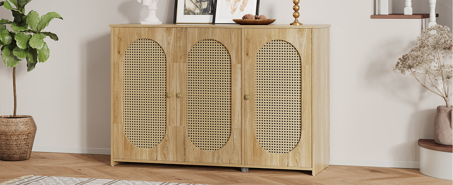 Retro 3 Door Sideboard With Large Storage Space Artificial Rattan Doors And Metal Handles, Accent Cabinet For Living Room And Hallway Natural Wood Natural Wood Particle Board Mdf